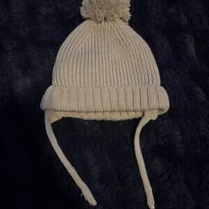 Zara Baby Knit Beanie Hat Pom Pom Tie Chin 6-12M Neutral Winter